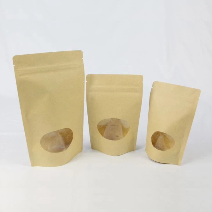 Kualitas tinggi makanan kelas jendela jelas Kraft Paper Bag dengan Zipper
