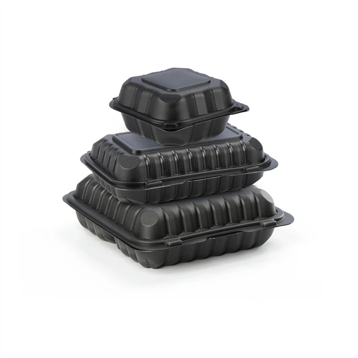 Black Clamshell Meal Microwavable To Go Takeaway Sekali Pakai Tiga Kompartemen Plastik 9x9 Wadah Makanan